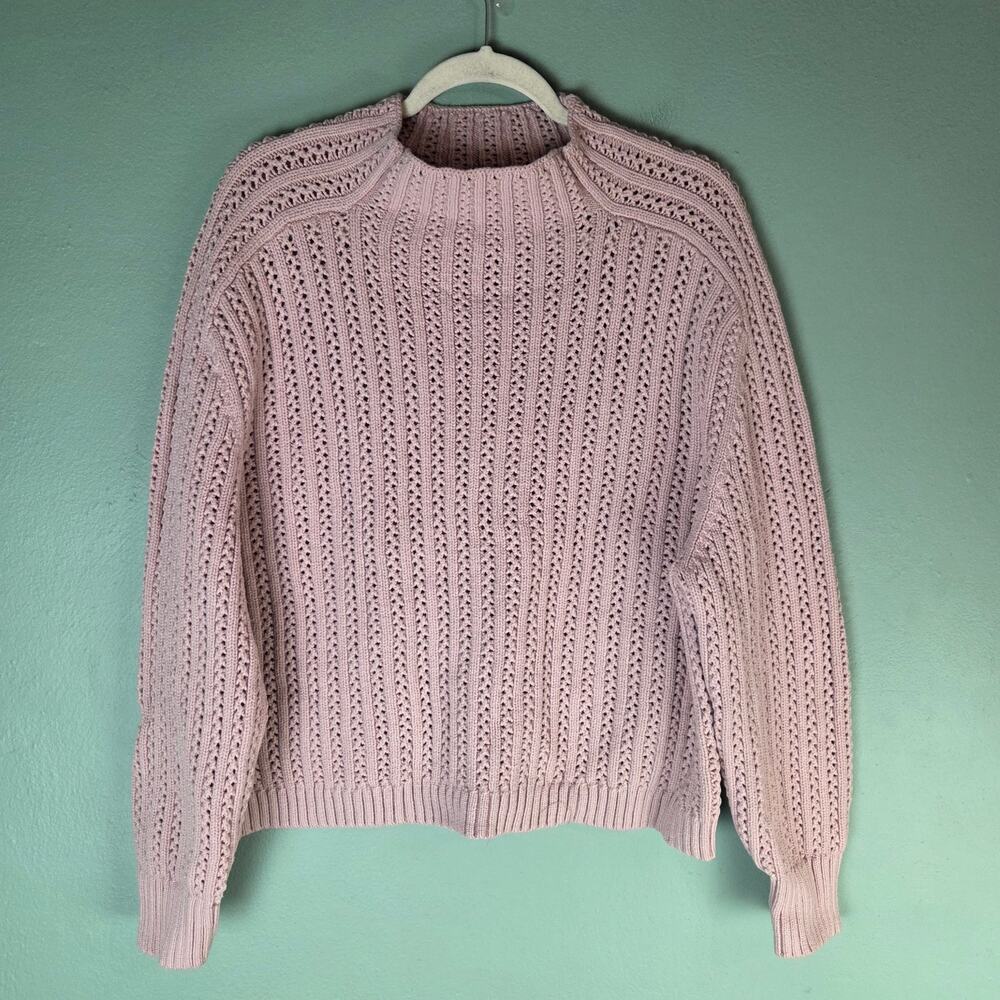 Ann Taylor Womens Pink Pointelle Mock Neck Sweater XL Long Sleeve Cozy Winter